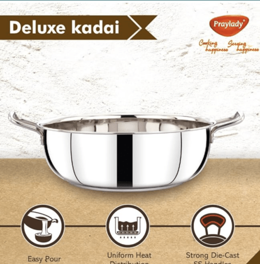 Praylady Stainless Steel with Handle 3 PLY POTS & Pans Deluxe Series KADAI Silver - Image 3